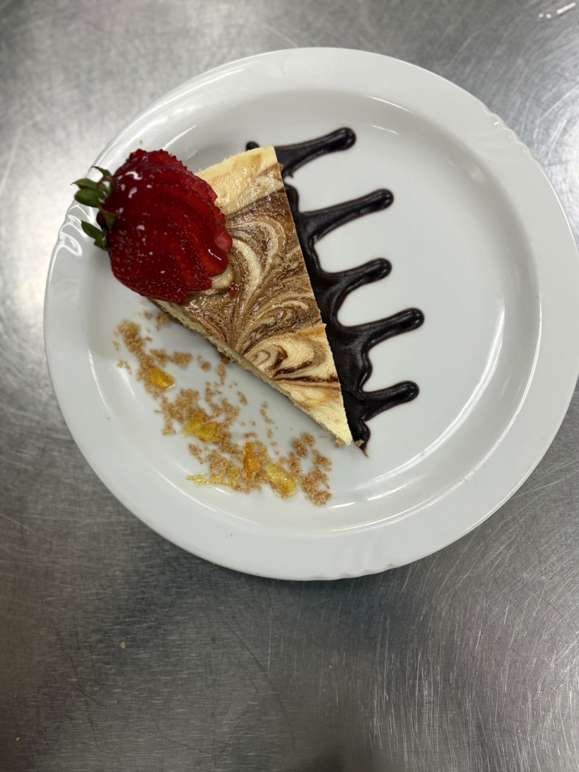 Layered slice with fresh fruit and chocolate
